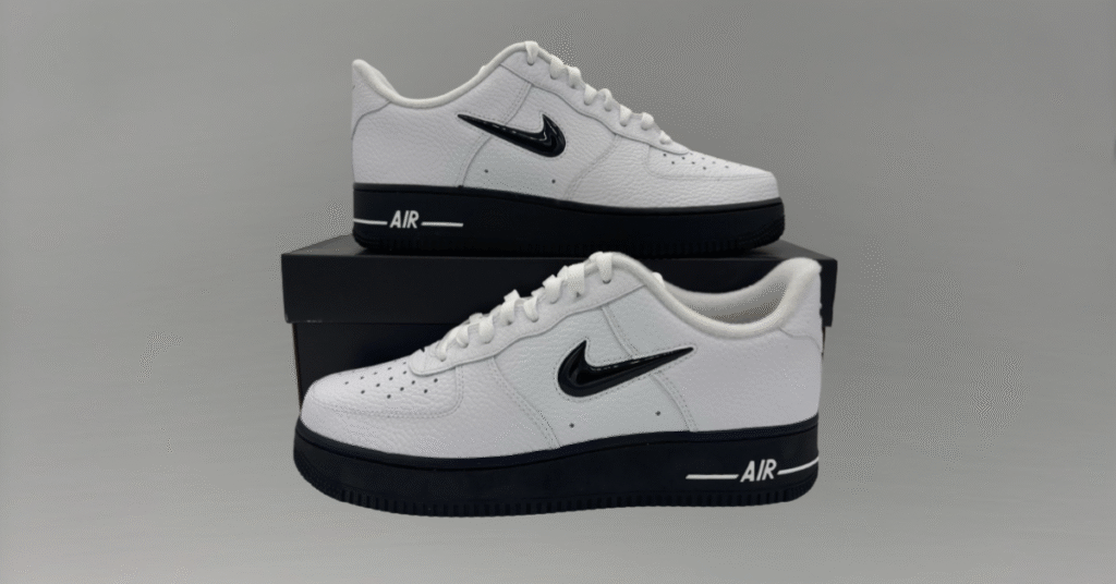 Nike Air Force 1 '07 Low Jewel White Black HQ3826-100 men’s sneakers, premium leather design with jewel black Swoosh.