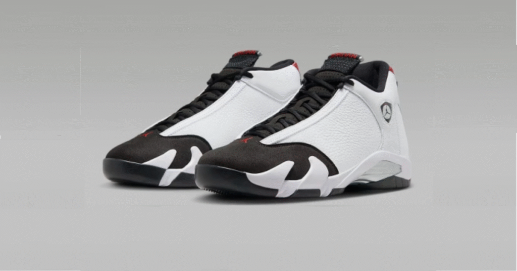 Nike Air Jordan 14 Retro “Black Toe” men’s leather sneakers with black toe design and Ferrari-inspired detailing.