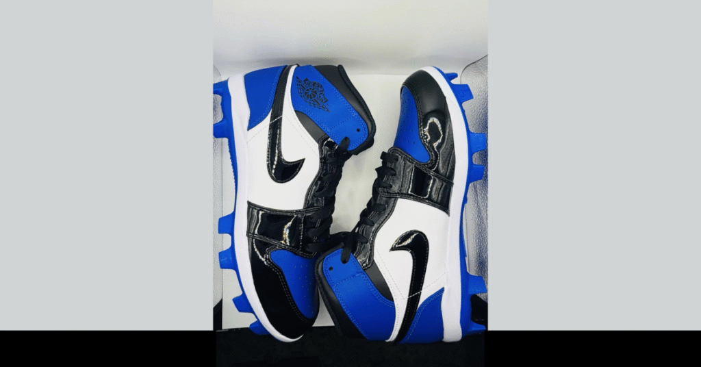 Jordan 1 Retro MCS baseball cleats worn by athletes, featuring high-top ankle support, molded cleat traction, and iconic Jordan 1 design